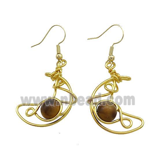 Copper Hook Earrings Moon With Tiger Eye Stone Wire Wrapped Gold Plated