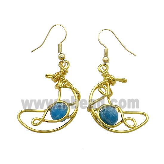 Copper Hook Earrings Moon With Blue Apatite Wire Wrapped Gold Plated
