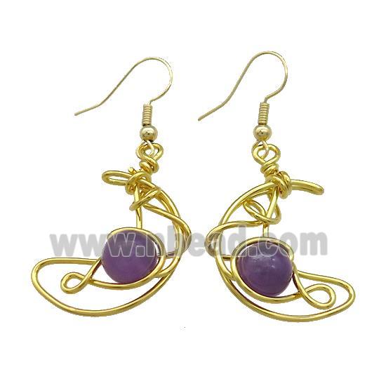 Copper Hook Earrings Moon With Purple Amethyst Wire Wrapped Gold Plated