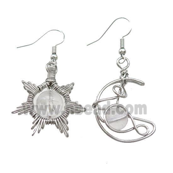 Copper Hook Earring Star Moon With Clear Quartz Wire Wrapped Platinum Plated