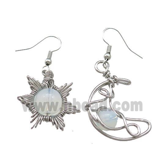 Copper Hook Earring Star Moon With Opalite Wire Wrapped Platinum Plated