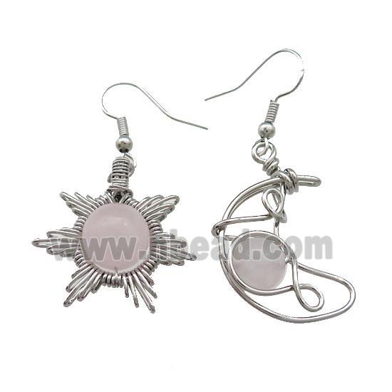 Copper Hook Earring Star Moon With Rose Quartz Wire Wrapped Platinum Plated