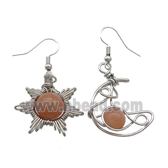 Copper Hook Earring Star Moon With Peach Moonstone Wire Wrapped Platinum Plated