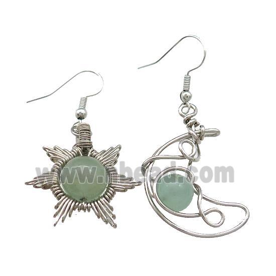 Copper Hook Earring Star Moon With Green Aventurine Wire Wrapped Platinum Plated