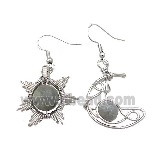 Copper Hook Earring Star Moon With Labradorite Wire Wrapped Platinum Plated