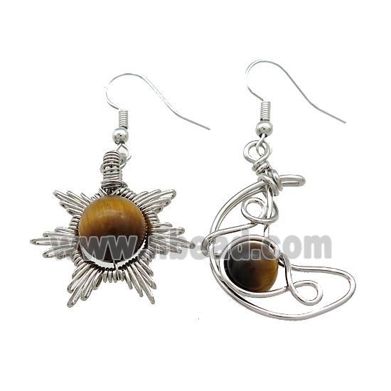 Copper Hook Earring Star Moon With Tiger Eye Stone Wire Wrapped Platinum Plated
