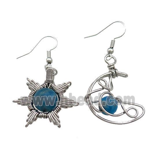 Copper Hook Earring Star Moon With Blue Apatite Wire Wrapped Platinum Plated