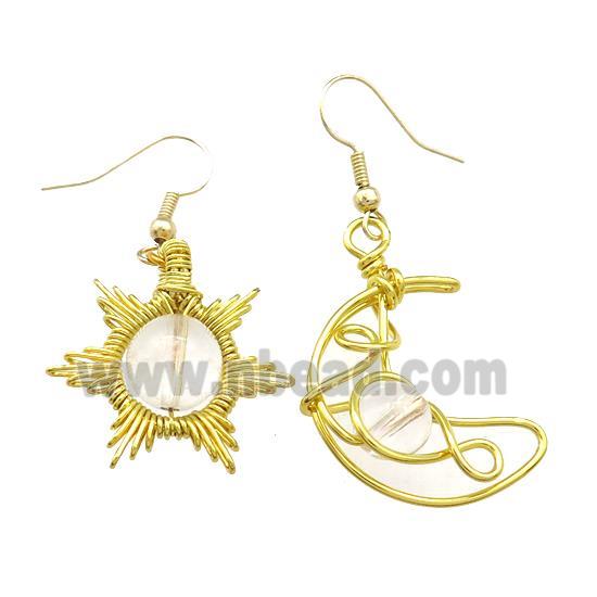 Copper Hook Earring Star Moon With Clear Quartz Wire Wrapped Gold Plated