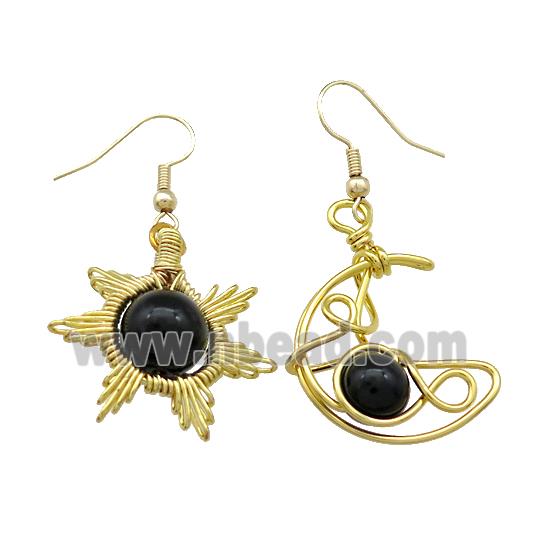 Copper Hook Earring Star Moon With Black Obsidian Wire Wrapped Gold Plated