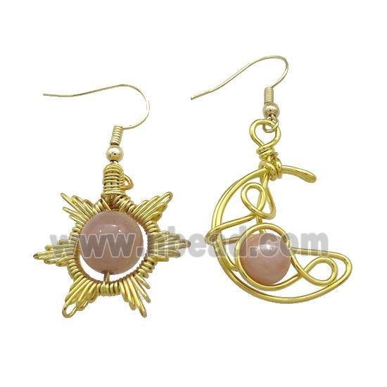 Copper Hook Earring Star Moon With Peach Moonstone Wire Wrapped Gold Plated