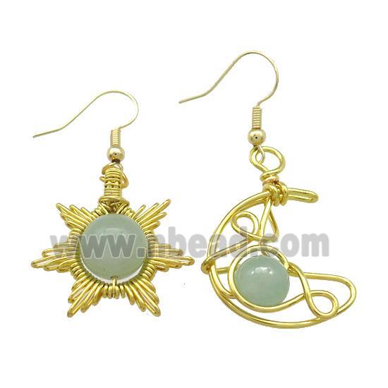 Copper Hook Earring Star Moon With Green Aventurine Wire Wrapped Gold Plated