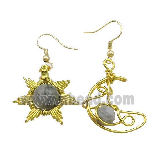 Copper Hook Earring Star Moon With Labradorite Wire Wrapped Gold Plated