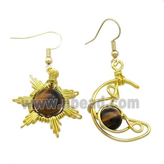 Copper Hook Earring Star Moon With Tiger Eye Stone Wire Wrapped Gold Plated