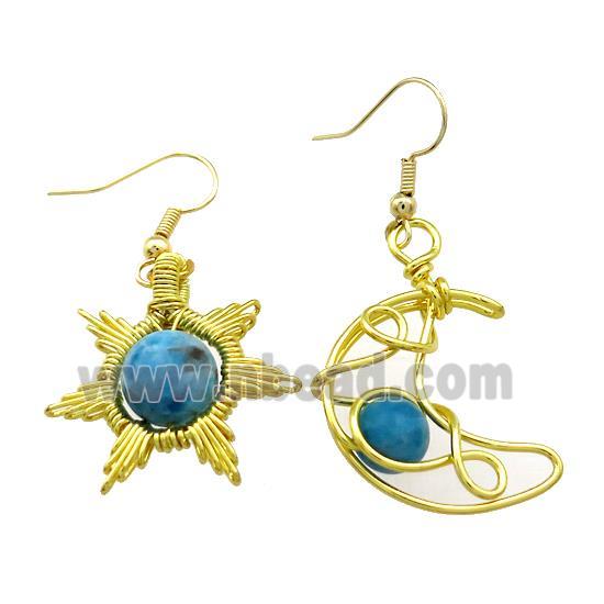 Copper Hook Earring Star Moon With Blue Apatite Wire Wrapped Gold Plated