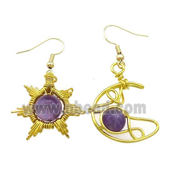 Copper Hook Earring Star Moon With Amethyst Wire Wrapped Gold Plated