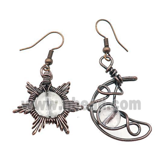 Copper Hook Earring Star Moon With Clear Quartz Wire Wrapped Antique Red