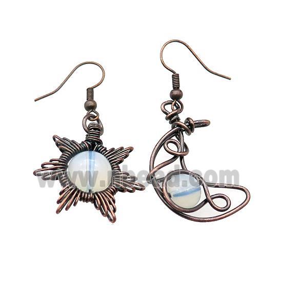 Copper Hook Earring Star Moon With Opalite Wire Wrapped Antique Red