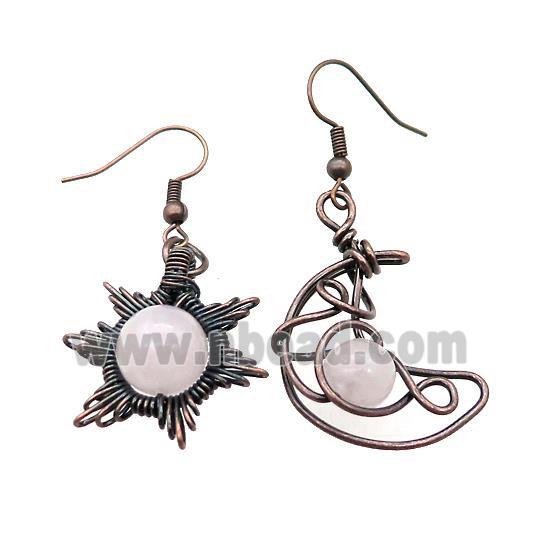 Copper Hook Earring Star Moon With Rose Quartz Wire Wrapped Antique Red