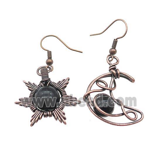 Copper Hook Earring Star Moon With Black Obsidian Wire Wrapped Antique Red