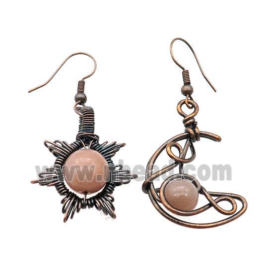 Copper Hook Earring Star Moon With Peach Moonstone Wire Wrapped Antique Red