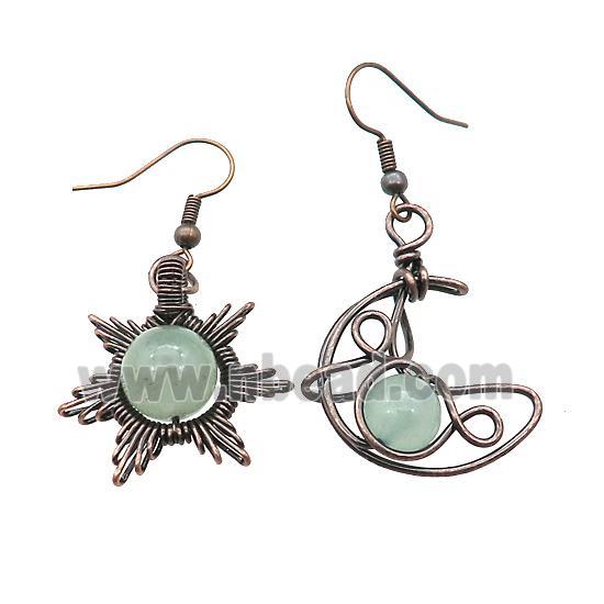 Copper Hook Earring Star Moon With Green Aventurine Wire Wrapped Antique Red
