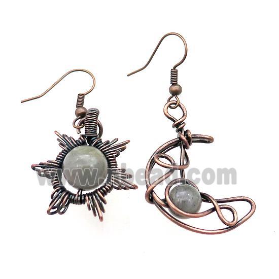 Copper Hook Earring Star Moon With Labradorite Wire Wrapped Antique Red