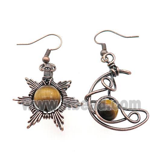 Copper Hook Earring Star Moon With Tiger Eye Stone Wire Wrapped Antique Red