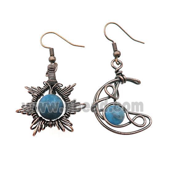Copper Hook Earring Star Moon With Blue Apatite Wire Wrapped Antique Red