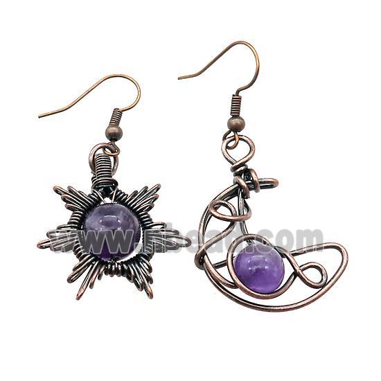 Copper Hook Earring Star Moon With Purple Amethyst Wire Wrapped Antique Red