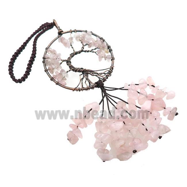 Tree Of Life Pendant Tassel With Rose Quartz Copper Wire Wrapped Antique Red