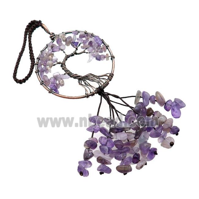 Tree Of Life Pendant Tassel With Purple Amethyst Copper Wire Wrapped Antique Red