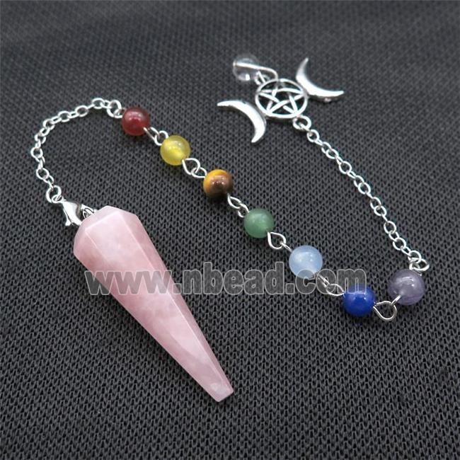 Pink Rose Quartz Pendulum Pendant With Gemstone Chakra Chain Alloy Moon Platinum Plated
