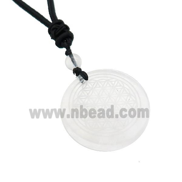 Clear Quartz Circle Necklace Flower Of Life Black Nylon Rope Cord