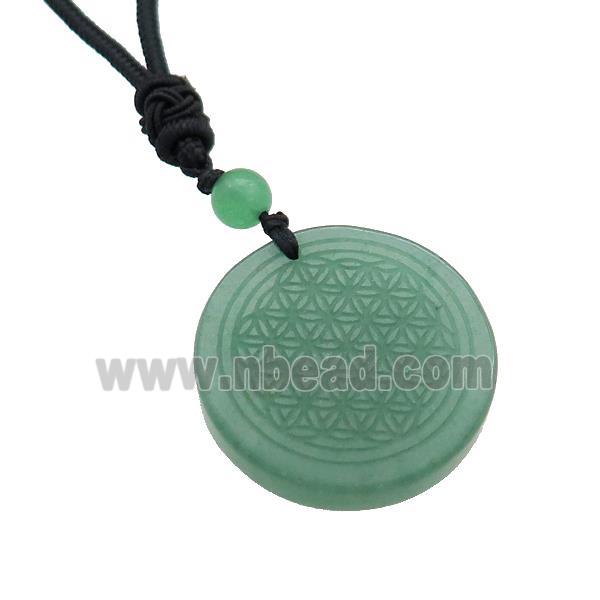 Green Aventurine Circle Necklace Flower Of Life Black Nylon Rope Cord