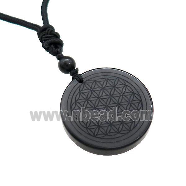 Black Obsidian Circle Necklace Flower Of Life Black Nylon Rope Cord