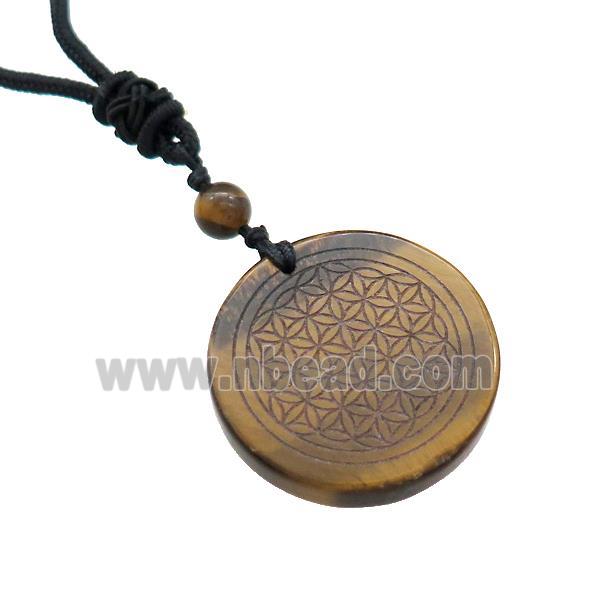 Tiger Eye Stone Circle Necklace Flower Of Life Black Nylon Rope Cord