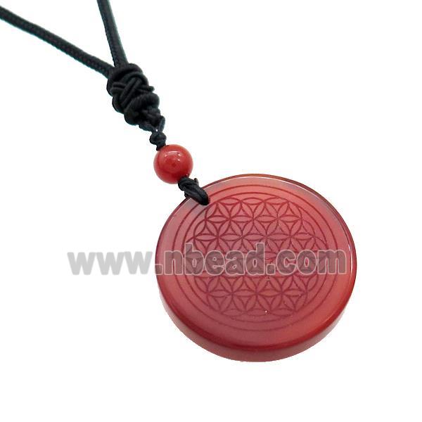 Red Agate Circle Necklace Flower Of Life Black Nylon Rope Cord