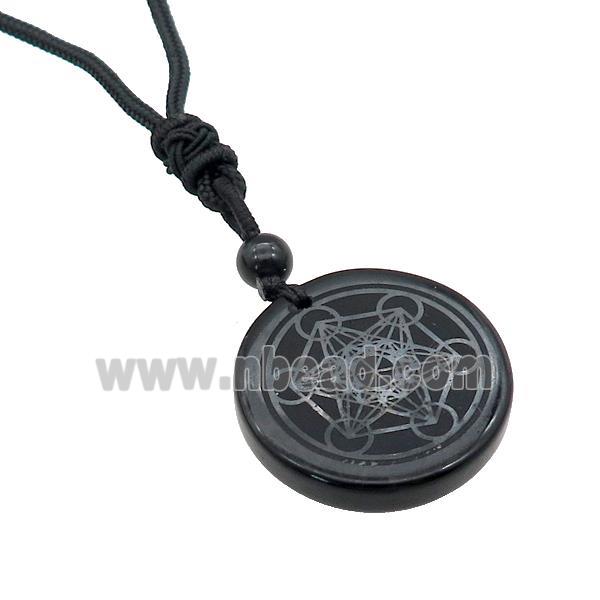 Black Obsidian Circle Chakra Necklace Carved Black Nylon Rope Cord