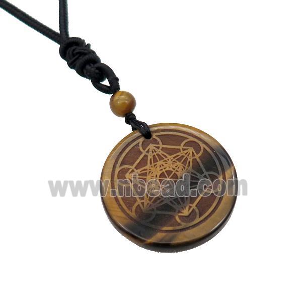 Tiger Eye Stone Circle Chakra Necklace Black Nylon Rope Cord