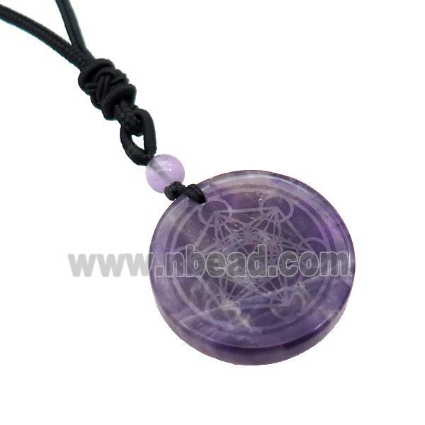 Purple Amethyst Circle Chakra Necklace Black Nylon Rope Cord