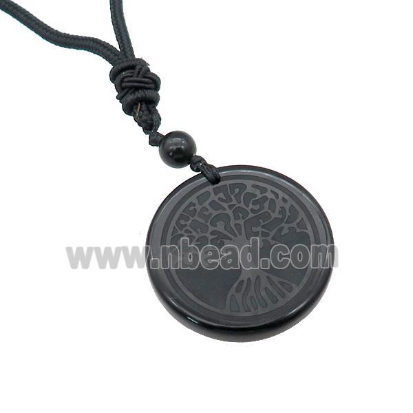 Black Obsidian Circle Necklace Tree Of Life Carved Black Nylon Rope Cord