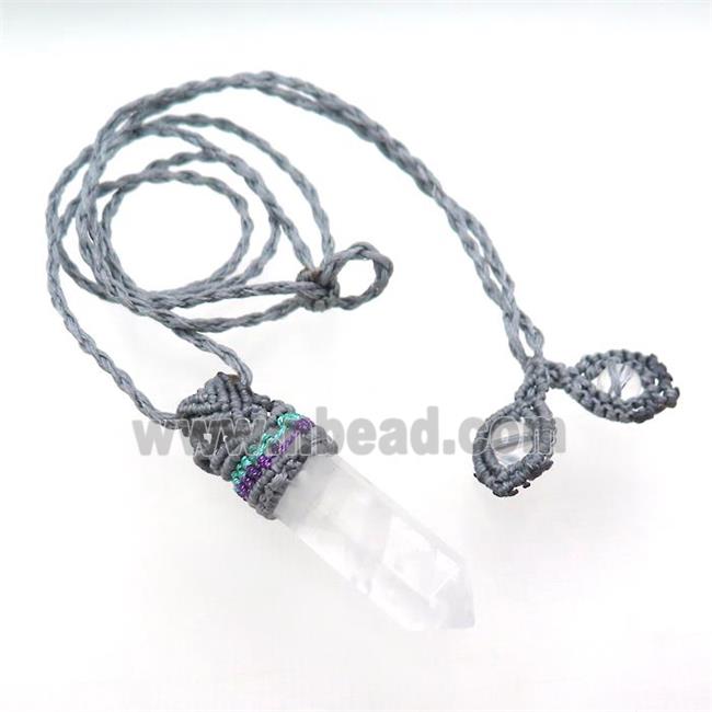 Clear Quartz Prism Necklace Gray Fabric Rope Cord