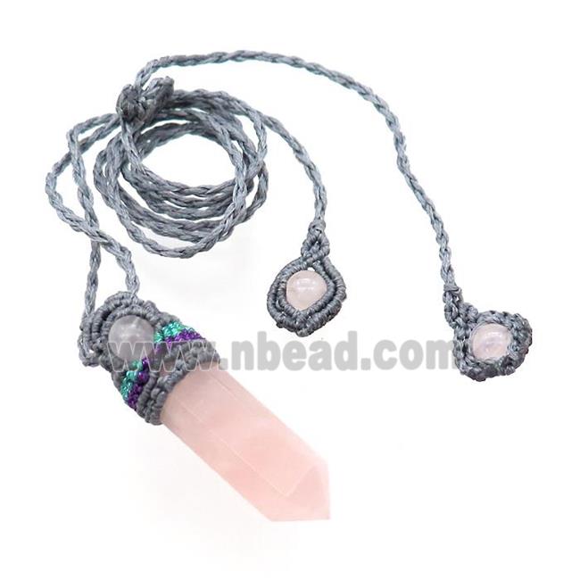 Pink Rose Quartz Prism Necklace Gray Fabric Rope Cord