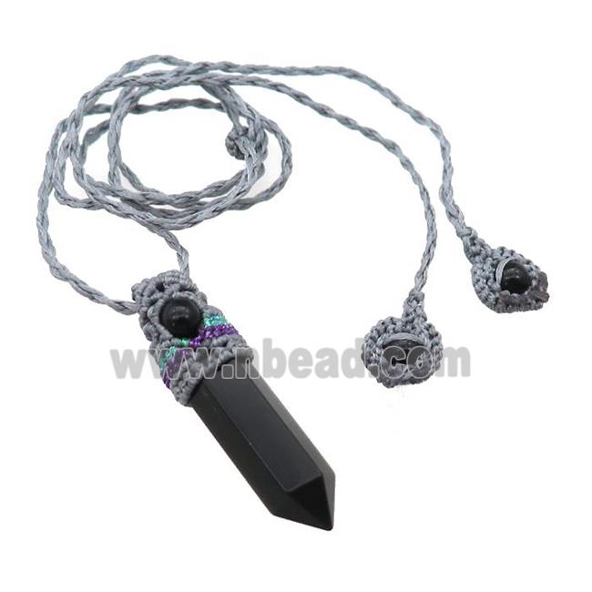 Black Obsidian Prism Necklace Gray Fabric Rope Cord