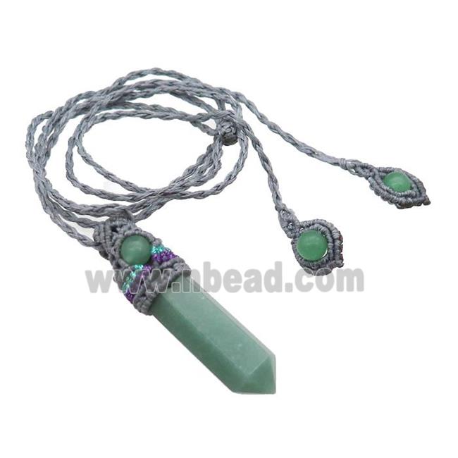 Green Aventurine Prism Necklace Gray Fabric Rope Cord