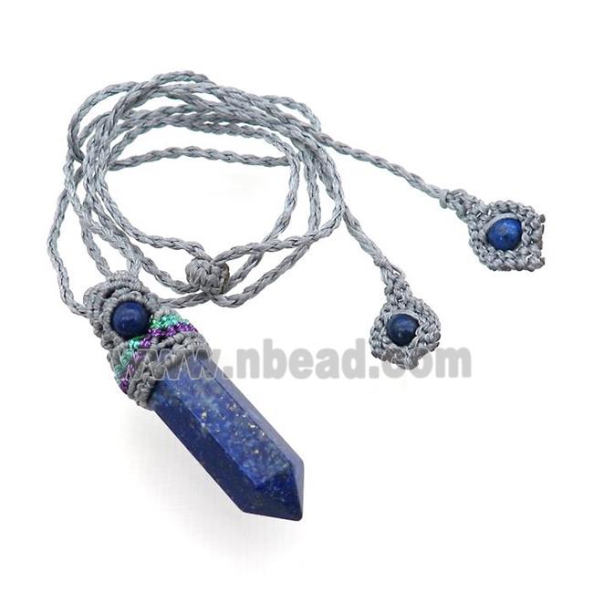 Blue Lapis Lazuli Prism Necklace Gray Fabric Rope Cord