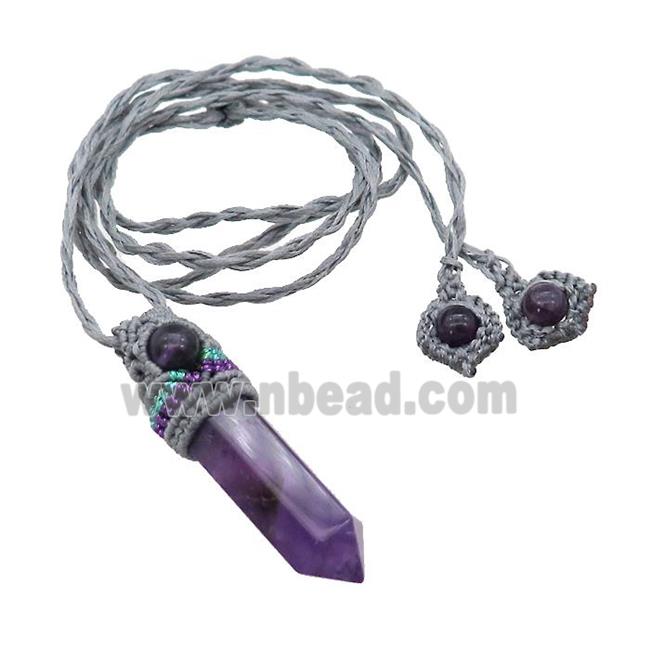 Purple Amethyst Prism Necklace Gray Fabric Rope Cord