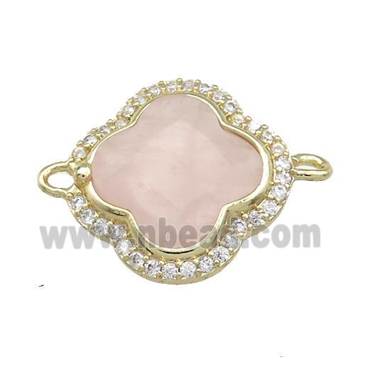 Pink Rose Quartz Clover Connector Pave Zircon Gold Plated
