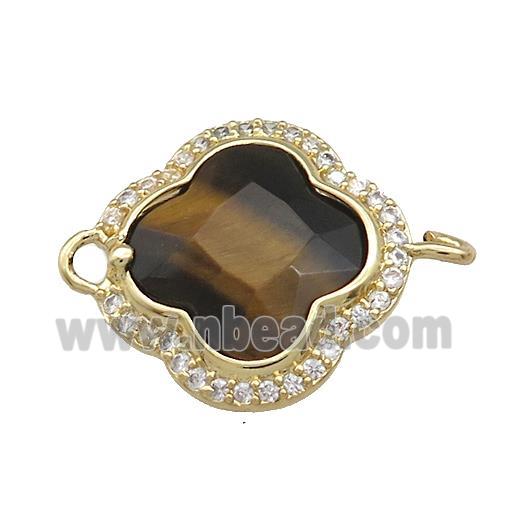 Tiger Eye Stone Clover Connector Pave Zircon Gold Plated
