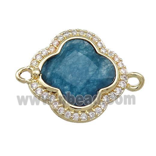 Jade Clover Connector Pave Zircon Teal Dye Gold Plated